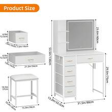 Tomnk LED Lighted Vanity Table Set With 80cm Large Mirror, 3 Color Adjustable Lights, 5 Fabric Drawers & Storage Shelf, White Makeup Dressing Desk With Stool, USB Powered Bedroom Vanity For Women - 美規B型插(110-127V) - 查看 3