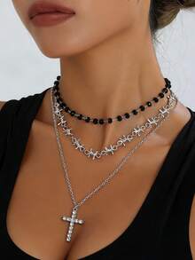 1pc Women's Fashion Rhinestone Cross Pendant Necklace With Black Beads, Jewelry Accessory Suitable For Daily Wear, Party And Gathering
