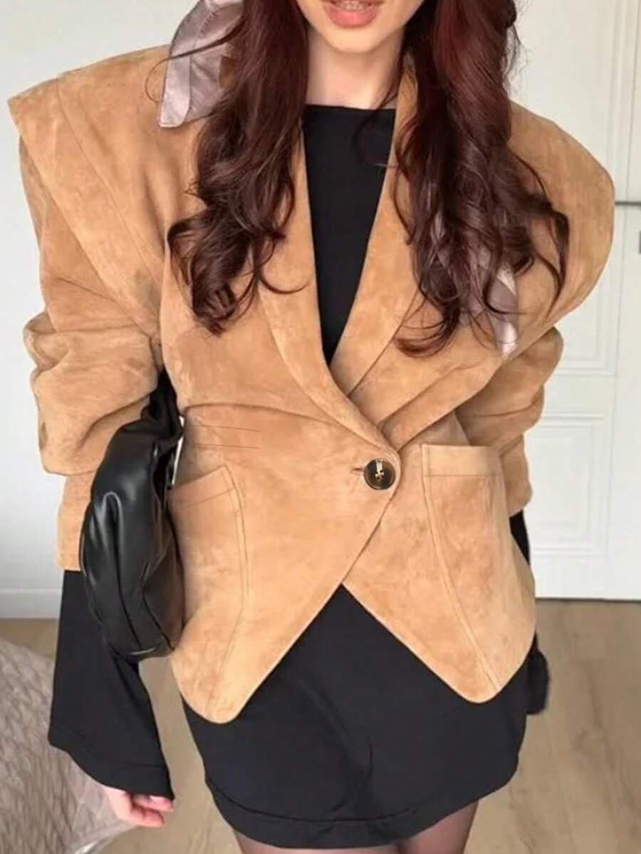 女士单排扣休闲仿麂皮夹克，时尚垫肩长袖翻领修身外套，新款秋冬街头风 - 卡其色 - 查看 1