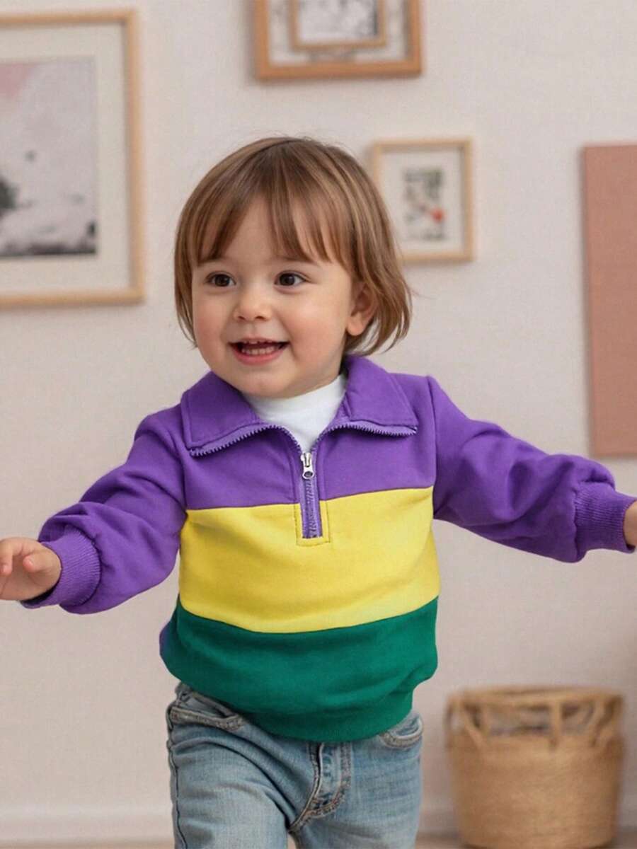Toddler Baby Boy Carnival Sweatshirt Pullover Long Sleeve Lapel Collar Patchwork Upper Zipper Fall Tops - 紫色 - 查看 1