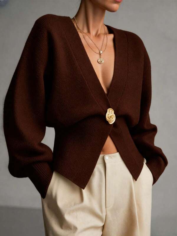 V-Ausschnitt einfarbiger Metall-Knopf eleganter, vielseitiger Strick-Cardigan