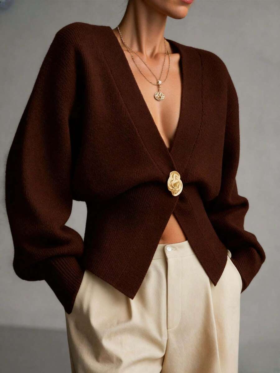 V-Ausschnitt einfarbiger Metall-Knopf eleganter, vielseitiger Strick-Cardigan