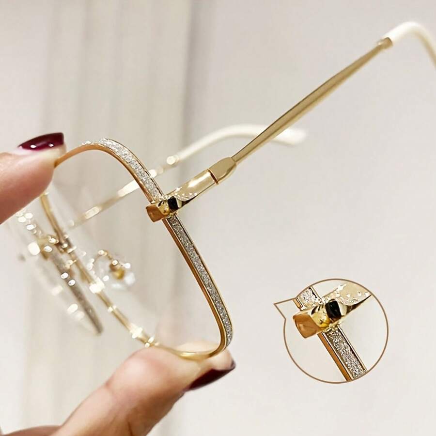 1 Piece Shiny Large Frame Fashion Decorative Glasses, Unisex - Relieve Eye Fatigue And Screen Glare, Including Computer, TV, Mobile Phone, And Gaming Devices.Fashion Glasses, Y2K Design, Selfie And Live Streaming Photo Props, Screen Protection,  Glasses, Lightweight Frames, High-Quality Lenses, Photo Props Accessories, Social Media Influencer Must-Have - 金色的 - 查看 1