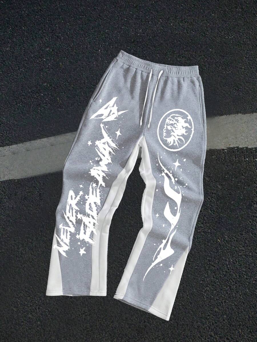 Men's Y2K Style Autumn And Winter Collection - Star Flame - Printed Pattern Design Drawstring Sweatpants, Loose Casual Sports Pants, 250g Polyester Soft Fabric, Machine Washable, Local Warehouse, Fashionable And Versatile, Straight Leg Pants Suitable For Boys And Girls Returning To School, Streets, Outdoor Sports Wear - 灰色 - 查看 1