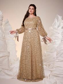 Mgiacy，新品上市，加大码舞会礼服，浪漫女士加大码正式礼服，金色亮片长袖蝴蝶结袖口圆领喇叭下摆长款礼服，适合晚宴派对。