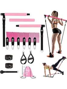 MATTJIASPOP Kit de Barra de Pilates Portátil,16 en 1 Juego de Bandas de Resistencia para Ejercicio Ajustable,Barra de Resistencia con 6 Bandas Elásticas Pesadas,Palo de Pilates de Estiramiento - 1 - Ver 3