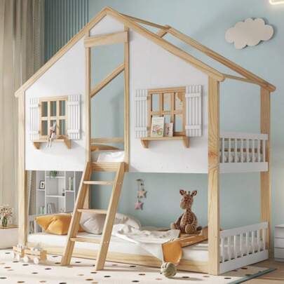 Bunk Bed, Children's Bed, Beautiful Windows And Roof, Stable Slatted Frames, Side Safety Rails, Pine + MDF + Plywood, White + Natural,