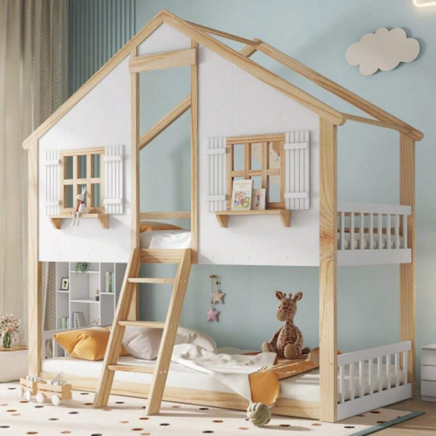 Bunk Bed, Children's Bed, Beautiful Windows And Roof, Stable Slatted Frames, Side Safety Rails, Pine + MDF + Plywood, White + Natural,