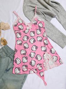 Sanrio [WONDER WORLD]1pc Hello Kitty Valentine's Day Women's Deep V-Neck Contrast Lace Slit Nightgown + G-String - Hot Pink - View 7
