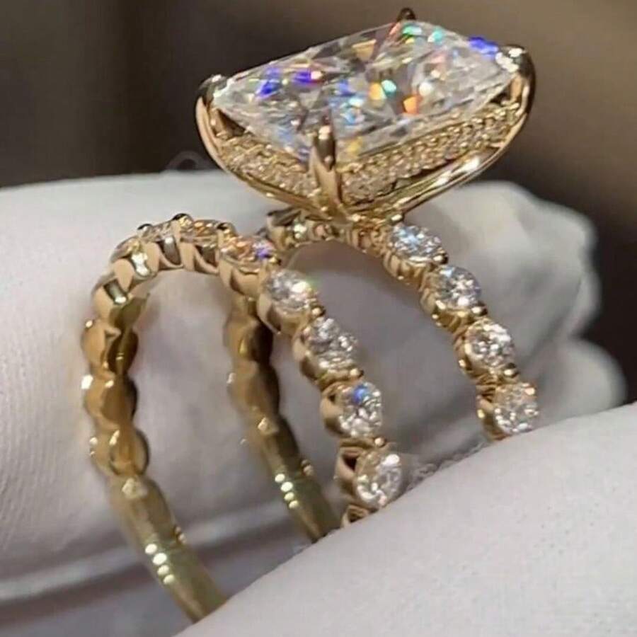 Bộ 2 nhẫn đính hôn sang trọng dành cho nữ đính đá Zirconia, thích hợp đeo hàng ngày, đám cưới, kỷ niệm, tiệc tùng, ngày lễ tình nhân, quà tặng sinh nhật