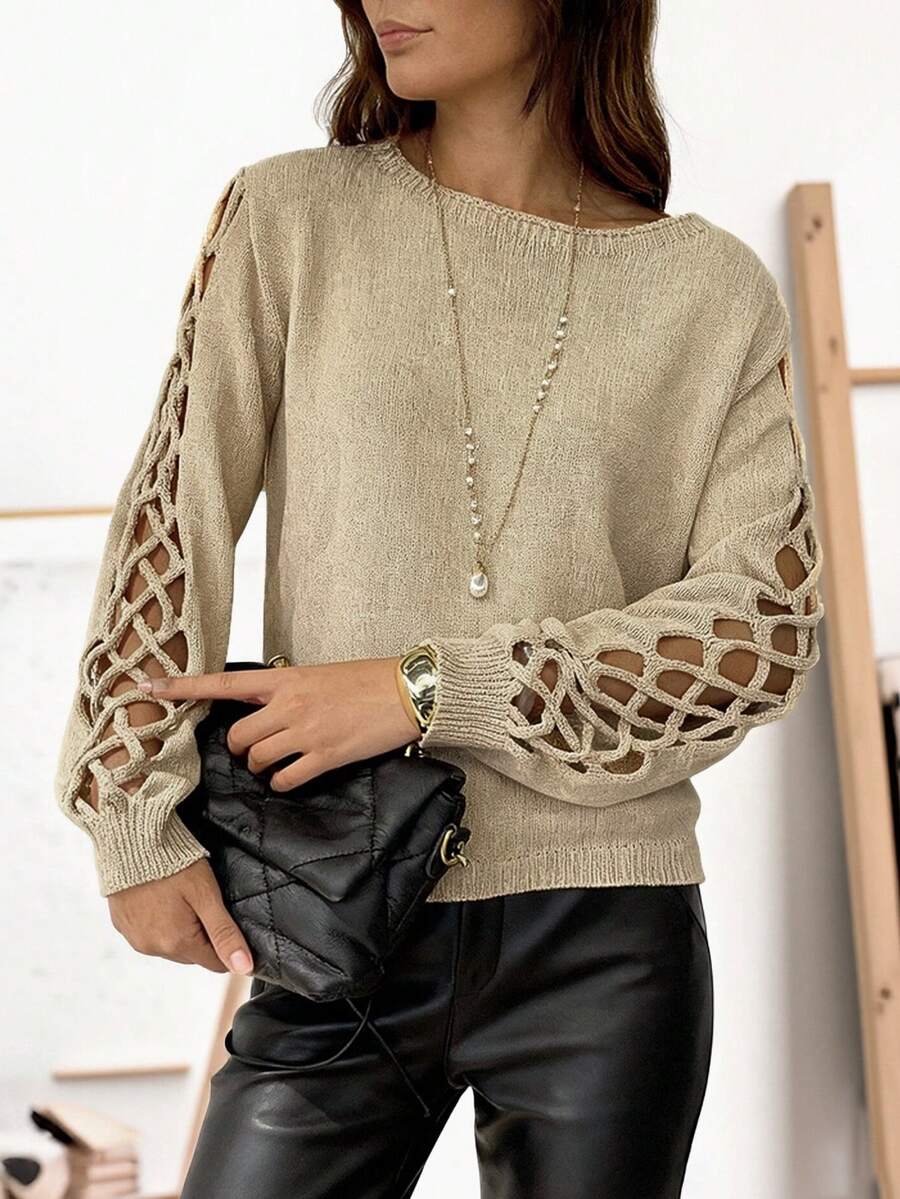 Autumn/Winter Women's Fashionable, Elegant, Casual, Comfortable Khaki Sleeve Cross-Over Lace Design Boat Neck Off-Shoulder Long Sleeve Fitted Drop Shoulder Knitted Pullover Sweater - Khaki - View 1