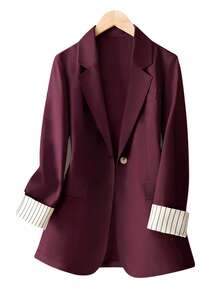 Women's Cuff Striped Patchwork One Button Regular Blazer - Burgundy - View 3