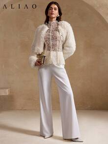 Sedessea Gorgeous Paisley Embroider Mesh Splicing See Through Long-Sleeved Top, Wedding Season, Valentine's Day, White Party Event, Old Money Style, Court Style, Eye-Catching, Elegant Everyday, Autumn Winter - Apricot - View 8