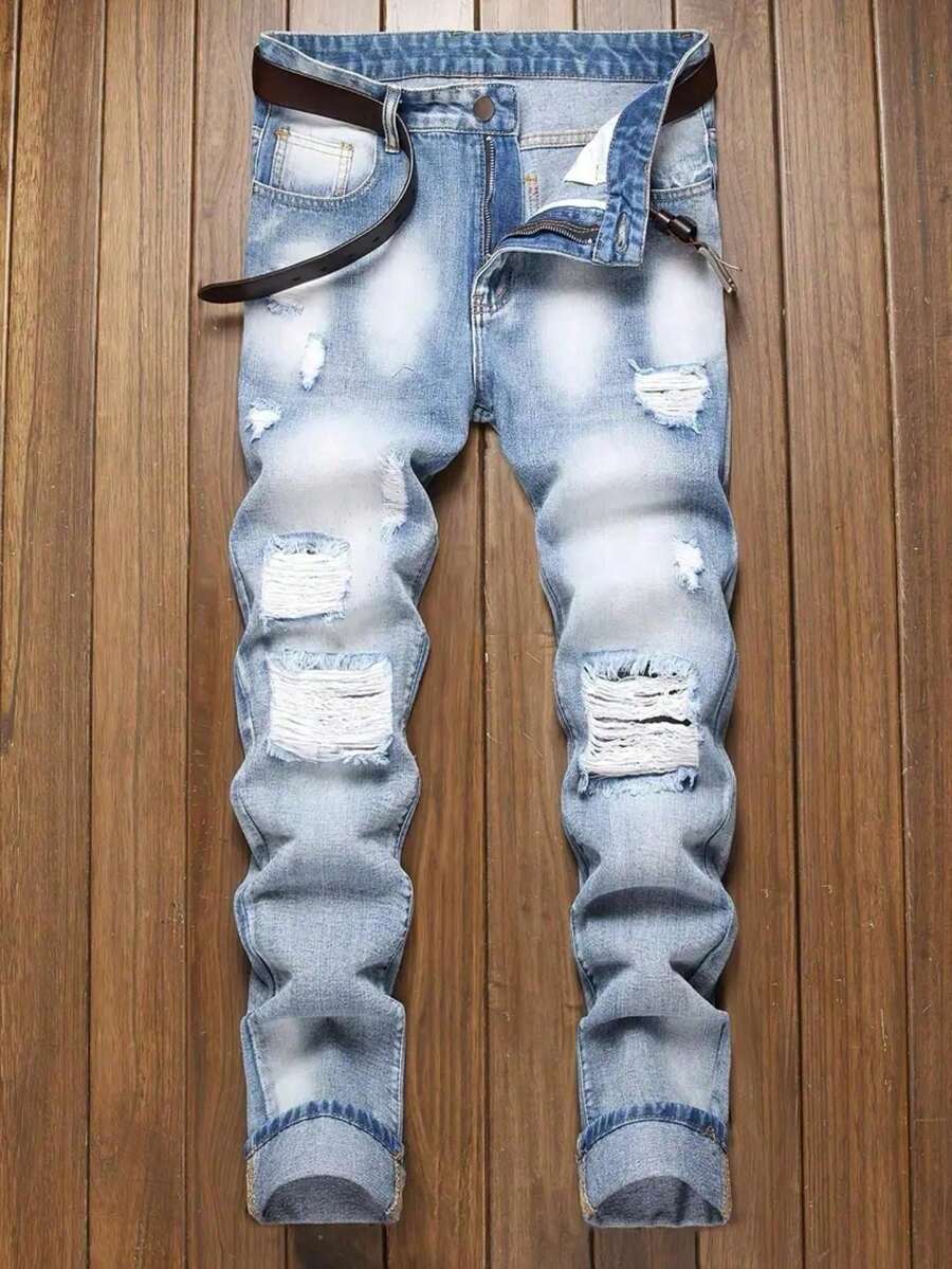 Men's Blue Straight Slim Fit Vintage Distressed Ripped Jeans - 淺色水洗藍 - 查看 1