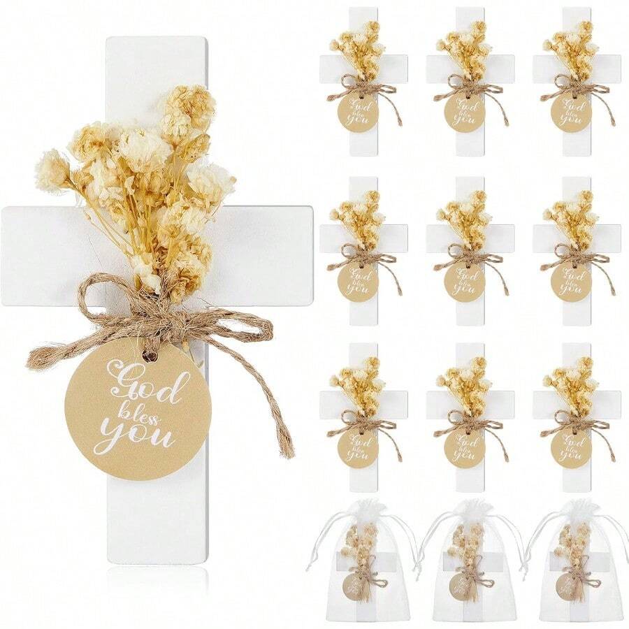 Sets Baptism Favors For Guests First Communion Wooden Cross Magnets With Flower And Bag For Baptism Party Decoration Gathering Baby Shower Christen Souvenirs Gift White - trắng - Xem 1