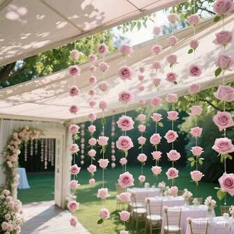 11pcs Pink Rose Flower Set, Handmade DIY Artificial Flower Curtain, Waterfall, Includes 10pcs Artificial Roses And 1 Roll Of Transparent String, Suitable For Wedding Party Decor, Valentine's Day, Bridal Shower, Birthday Party And Room Decoration, Party Decor, Romantic Decor, Elegant Party Setting, High-Quality Artificial Flowers, Floral Decor Set