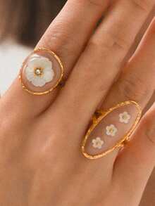 1 pieza Anillo abierto de acero inoxidable chapado en oro de 18K con diseño de flor 3D, resistente al agua, alta retención de color, joyería de alta gama, adecuado como regalo de Navidad, Año Nuevo para amante, mamá, amigo o anillo de compromiso