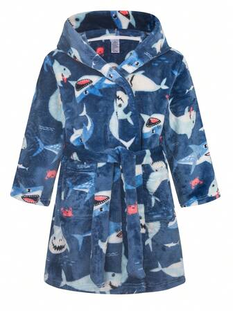 Bata de baño con capucha gruesa de franela para niños, ropa de estar en casa y pijama suave y cómoda con estampado de tiburón, adecuada para después del baño, otoño/invierno