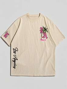 Krometka 男士休闲百搭简约印花元素短袖T恤 - 杏色 - 查看 5