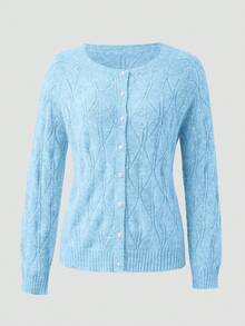 Áo khoác cardigan dài tay cổ tròn, màu xám trơn, cài cúc ngọc trai, kiểu dáng thanh lịch, phù hợp cho công sở, tiệc tùng và các dịp xã giao mùa thu | Thoải mái khi mặc - Màu xanh lam - Xem 12