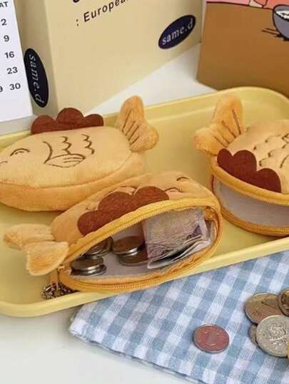 1 pieza Monedero con cremallera con forma de pez lindo - Bolsa de almacenamiento de peluche suave, monedero portátil para mujer, regalo de cumpleaños y Día de San Valentín (naranja marrón/beige), almacenamiento de monedas, llaves, auriculares, diseño adorable, cremallera duradera