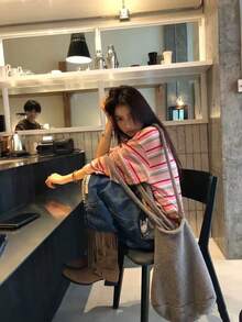 Pink & Green Striped Long Sleeve T-Shirt For Women, Loose Fit Round Neck Layering Top, Spring/Autumn - Multicolor - View 5