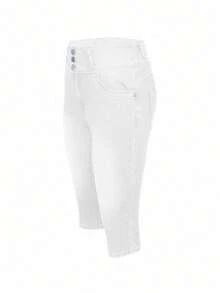 修身七分牛仔裤 - 中腰弹力牛仔布，纽扣门襟经典水洗七分裤 - 白色 - 查看 5