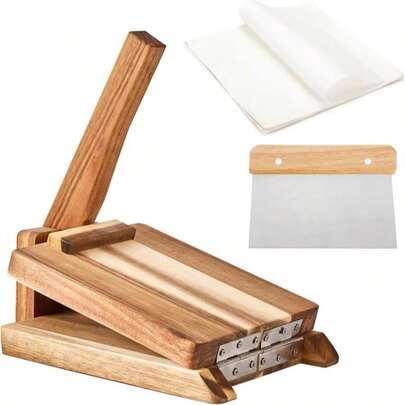 WGLILO Wooden Tortilla Press With 50pcs Parchment Paper &Amp; Stainless Steel Dough Scraper, Large Mexican Square Flour Tortillera Presser Homemade For Tortillas Roti Burrito, Tacos, Pataconera, 8 Inch