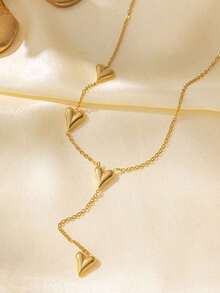 1pc Stainless Steel Heart Shaped Pendant Necklace With Golden Tassel, Perfect Accessory For Women To Wear On Beach, Mother's Day Gift, No Gift Box Included Valentines - 金子 - 查看 2