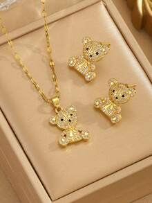3pcs/Set Cute Cubic Zirconia Bear Necklace And Earrings Jewelry Set For Girls, Sweet And Adorable, Suitable For Street, Party, Date, Holiday, Exquisite Jewelry, Children's Birthday Gift - Multicolor - View 1