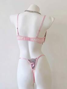 2pcs French Gentle And Sweet Floral Embroidery Mesh Splicing Open Cup Bra With Crotchless Panty Sexy Lingerie Set For All Seasons, Suitable For Couples' Vacation Dates, Honeymoon, Bachelor Parties, Private Parties, Role-Playing Wear, Giving Holiday Gift To Girlfriend - 粉色 - 查看 3