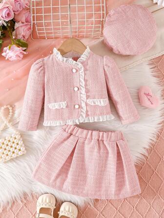 3pcs Baby Girls Autumn/Winter Sweet Set: Pink Plaid Ruffle Trim Jacket + Matching Skirt + Beret Hat, Elegant & Adorable