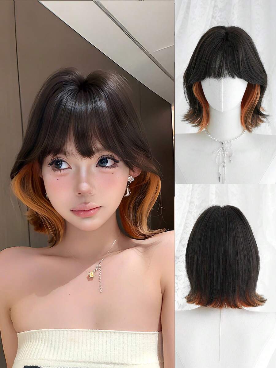 Wig Bob Pendek Keriting 12 Inci dengan Sorotan Cokelat Oranye untuk Wanita - Wig Keriting Modis dengan Poni, Wig Serat Sintetis Lembut, Halus, dan Tahan Panas untuk Penggunaan Sehari-hari, Sempurna untuk Liburan, Festival Musik, Perayaan, Perayaan Sakura, Hadiah Wisuda & Hadiah Aksesori Wig untuk Teman