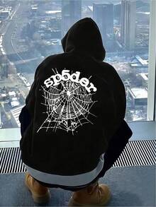 Dark Style Sp5der Web Print Graphic Hoodie Spring/Autumn Mens Winter Clothes Mens Clothing Regular Fit  Pocket  Mens Hoodie  Black Hoodie Men's Holiday Clothes Easy To Wear For Casual,Streetwear,Men's Gifts - màu đen - Xem 1