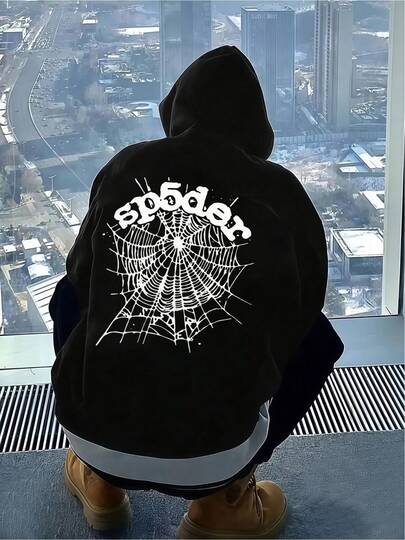 Dark Style Sp5der Web Print Graphic Hoodie Spring/Autumn Mens Winter Clothes Mens Clothing Regular Fit  Pocket  Mens Hoodie  Black Hoodie Men's Holiday Clothes Easy To Wear For Casual,Streetwear,Men's Gifts