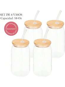 SELECTSHOP Set De 4 Vaso Tipo Lata De Vidrio Con Tapas Popotes De Vidrio Y Cepillo De Limpieza Vasos para Cerveza Taza de Café Helado Vasos de Cóctel Adecuados para Agua Jugo Sodaé Regalo (Set De 4) - Juego de 6 piezas - Ver 1