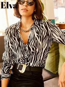 ELVA 女士夏季斑马纹纽扣衬衫，休闲办公通勤商务会议婚礼宾客毕业典礼度假上衣春季款 - 黑與白 - 查看 7