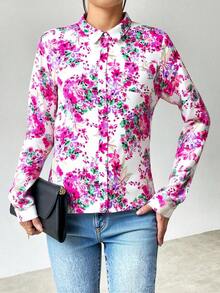 Camisa floreada manga negra ideal para eventos especiales y todas las temporadas. - Rosa - Ver 1