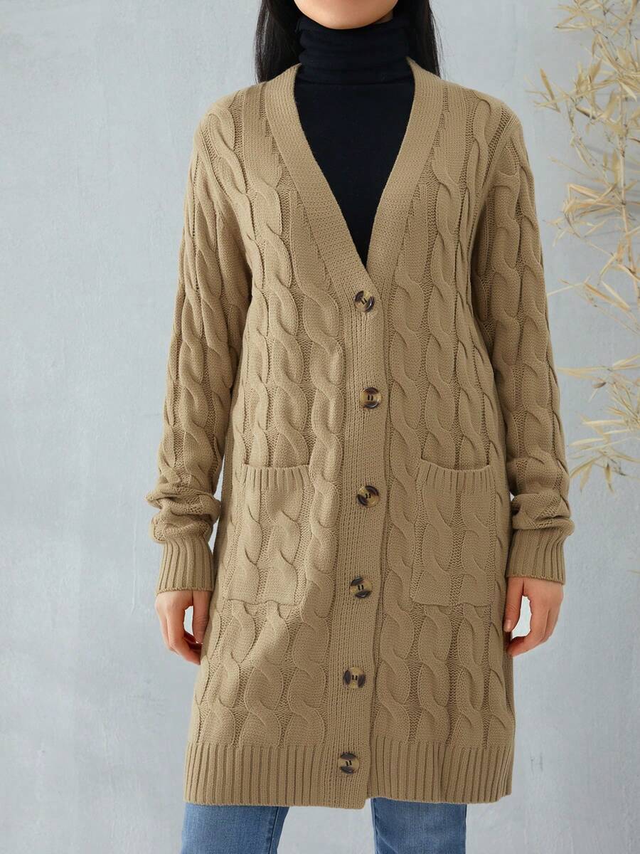 Female Cardigan, Solid Color Long Sleeve Sweater Knitted Coat With Pockets For Spring Fall, S/M/L - 卡其色 - 查看 1