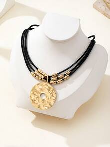 1 Peça Colar Vintage com Pingente de Textura de Metal Exagerada e Cordão Preto Sobreposto, Versátil para Uso Diário e Ocasiões