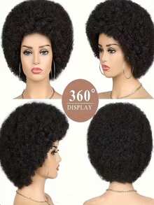 6-Inch Short Fluffy Curly Brazilian Human Hair Wig, Pixie Cut Style, Glueless Short Wig With Bangs, Hand-Tied, Natural Black - SNatural - 查看 9