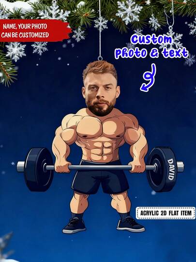 1pc Customize Personalized Name Gymer Christmas Ornament,Customized Ornaments With Photo,Acrylic Sport 2D Flat Ornament,Dumbbell Christmas Ornaments,Christmas Decorations,Holiday Lifter Lovers Gift Ornament,Personalized Funny Fitness Ornament,Home Decoration And Christmas Tree Ornaments