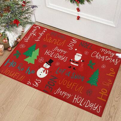 Christmas Decorative Doormat Snowman And Christmas Tree Welcome Mat Xmas Holiday Non-Slip Doormat For Outdoor Indoor Entrance Floor Mat