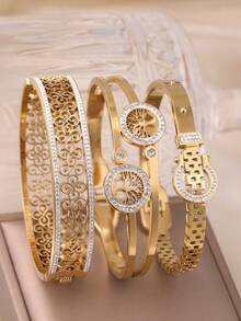 Set Gelang Wanita Elegan 3pcs/1pc dari Baja Tahan Karat, Liontin Gembok Halus dengan Batu Permata Berkilau, Cocok untuk Pemakaian Sehari-hari dan Hadiah, Sepanjang Musim - Emas - View 9