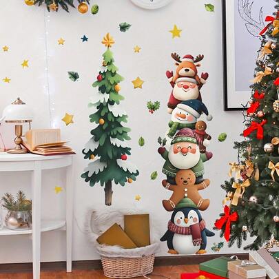 1 Set Of 2 Cute Christmas Wall Stickers, Includes Christmas Tree, Santa Claus, Snowman, Gingerbread Man, Removable Decals, Suitable For Home, Stores, Party, Winter Christmas Themed Decoration Christmas Decorations Christmas Decoration Christmas Decorations Home Room Decor Home Decor