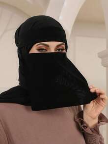 1件装女士穆斯林复合纱布系带头巾式口罩，舒适柔软，防紫外线，多用途头巾，适合日常搭配，可与长袍搭配（尺寸因人而异） - 黑色 - 查看 3