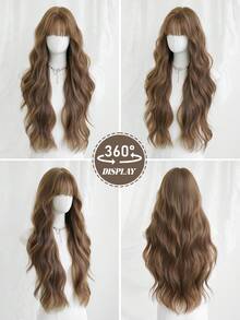 28 Inch Brown Long Waves Wig For Women - Elegant Fluffy Middle Part Curly Wig, Silk Synthetic Heat-Resistant Fiber Hair Wigs For Daily Wear, Music Festival & Ramadan Glam, Cosplay Costume Use - Wig Accessories