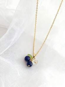 1pc Blueberry Fruit Glass Pendant Necklace For Women, Delicate Minimalist Chic Clavicle Chain - Necklace - View 1