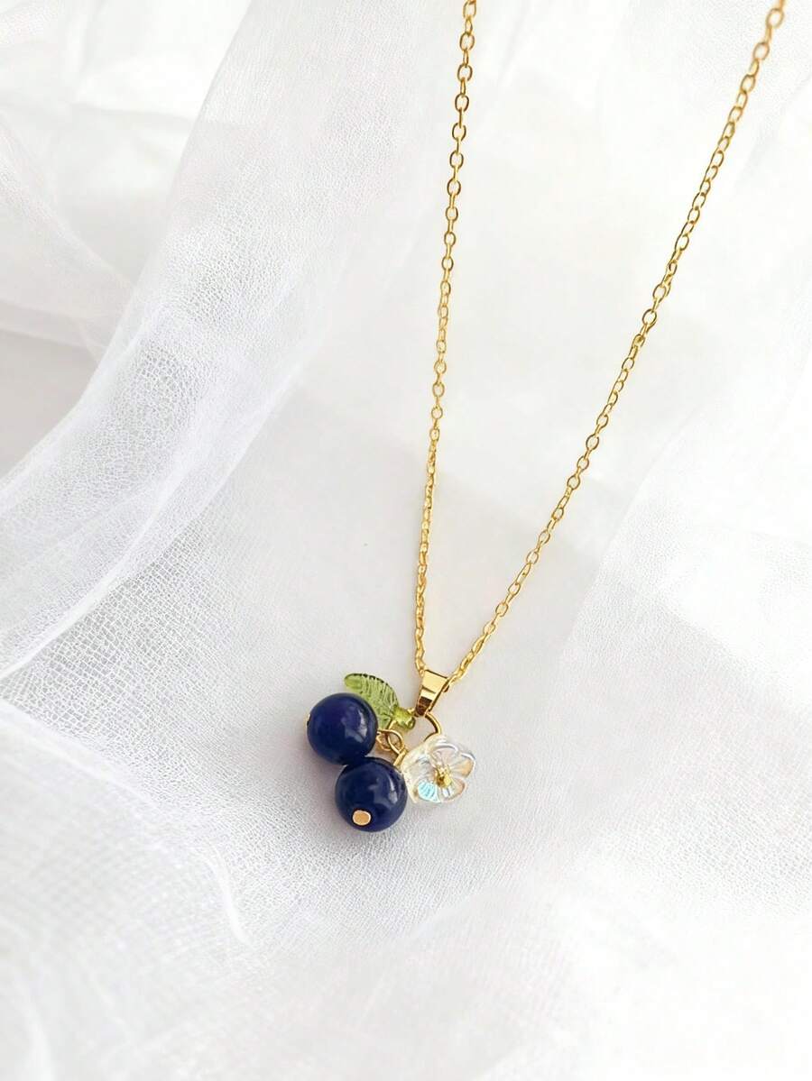1pc Blueberry Fruit Glass Pendant Necklace For Women, Delicate Minimalist Chic Clavicle Chain - Necklace - View 1