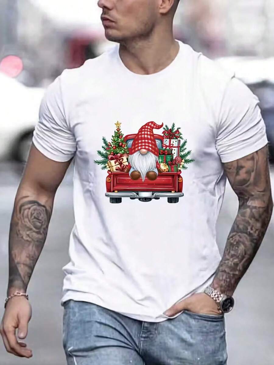 Camiseta de navidad de hombre con patrón de árbol - manga corta casual, poliéster, lavable a máquina - el regalo perfecto de verano - Blanco - Ver 1